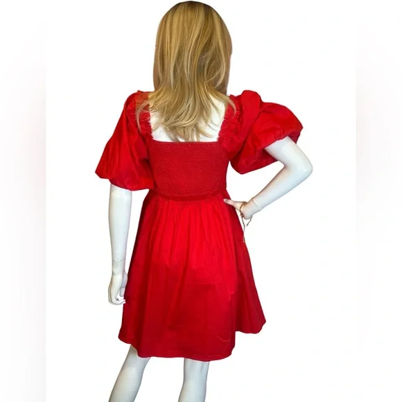 ODDI Red Puff-Sleeve Smocked Midi Dress NWT - Picture 5 of 8